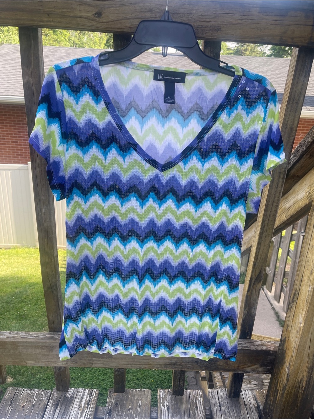 INC International Concepts Blue Green Purple white Chevron V-Neck Tee